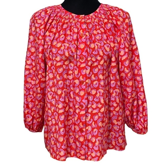 Tucker Classic Blouse Coral Silk Blend Hugs & Kisses Print Boho Smocked XS - Picture 2 of 8